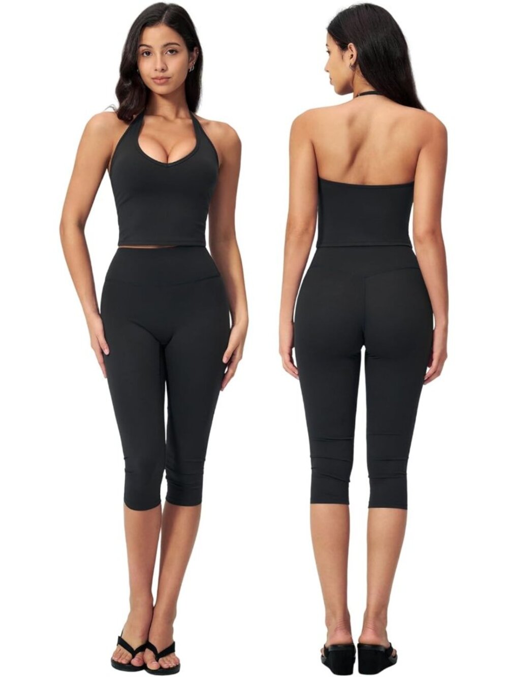 Stylish Women's Two-Piece Workout Set: Halter Crop Top & High Waist Capri Pants